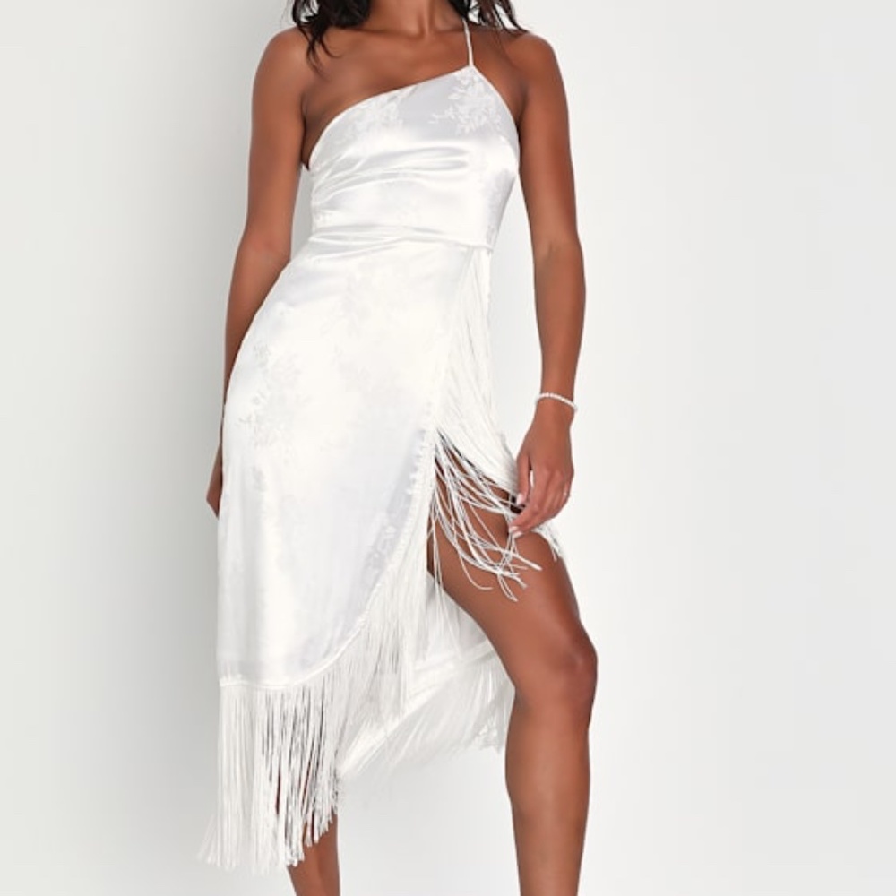 Lulus On The Dancefloor White Jacquard Fringe One-shoulder Midi Dress - Size XL